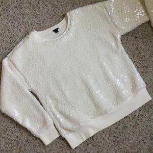Ann Taylor White Sequin Crew Neck Sweater
